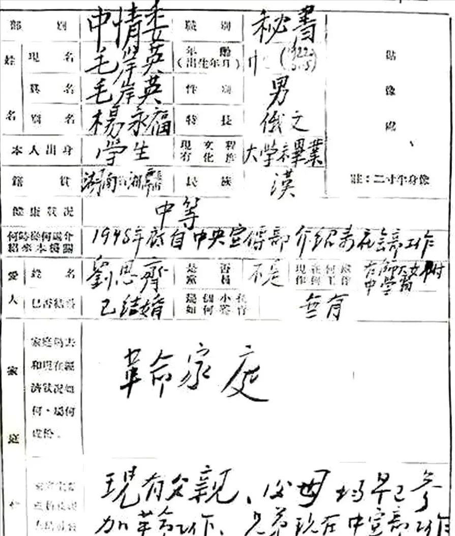 你見(jiàn)過(guò)毛岸英親自填寫(xiě)的履歷表嗎？字跡真切，深得“毛體”精髓(圖1)